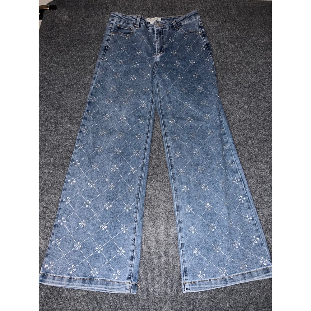 Cato Collection Limited Edition Rhinestone Embellished Wide Leg Jeans Blue 12